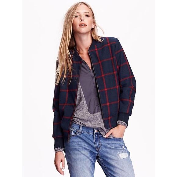 Old Navy blue red plaid wool blend fleece sherpa lined zip bomber jacket SIZE XL - Picture 2 of 6